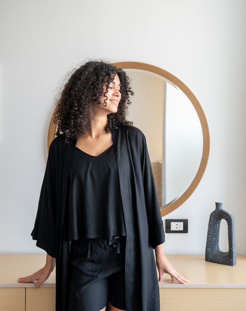 Women summer 3 piece pajama set  Black Top +kimono & short